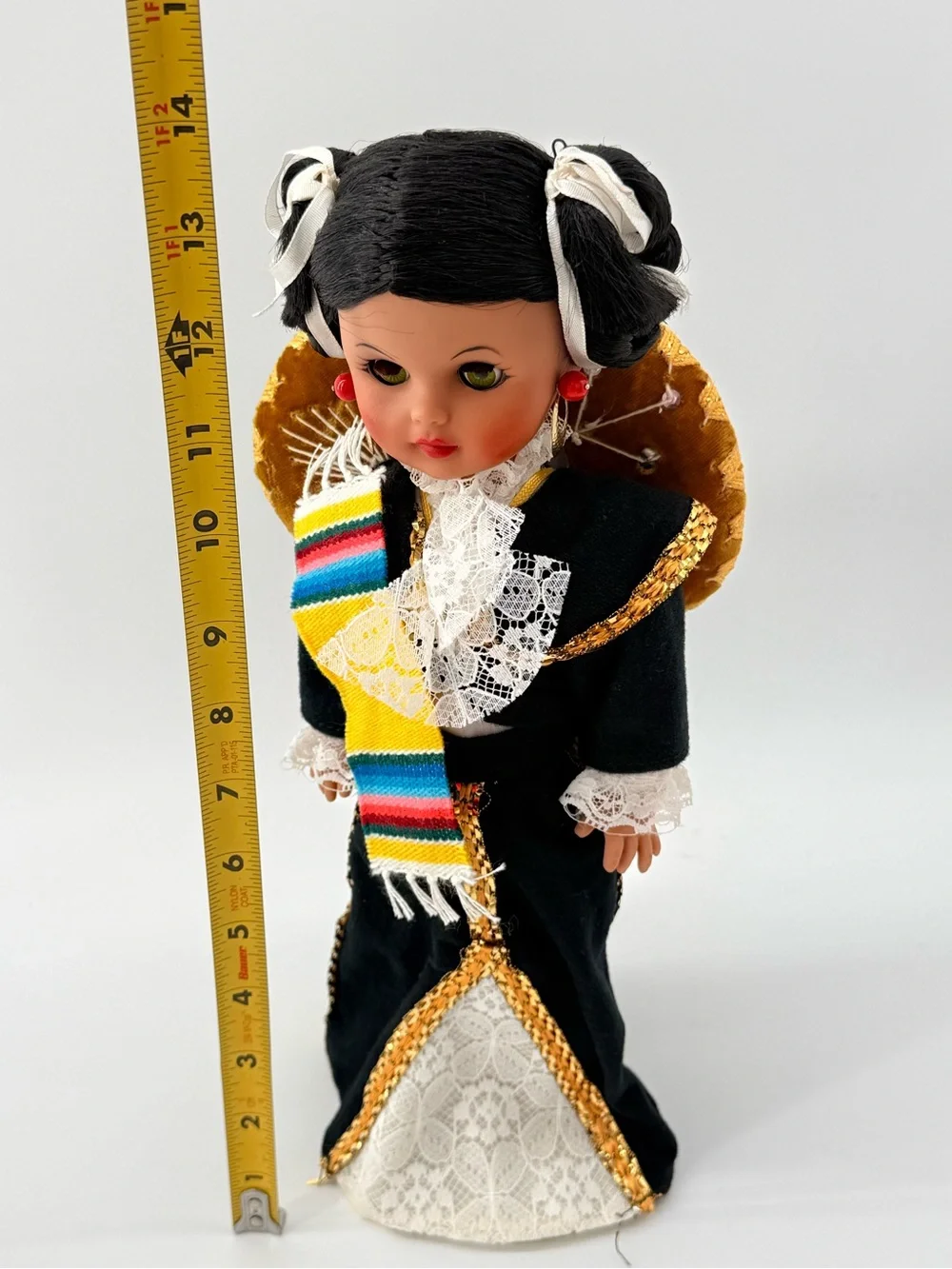 Traditional Black Cloth Doll with Yellow Sash and Lace Accents